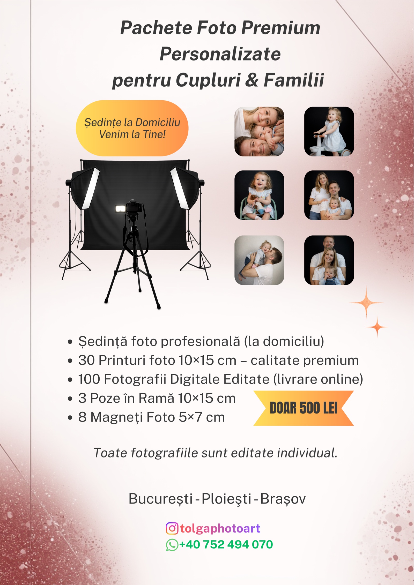 Afiș oficial: Pachete Foto Premium Personalizate pentru cupluri și familii — ședință la domiciliu, 500 LEI