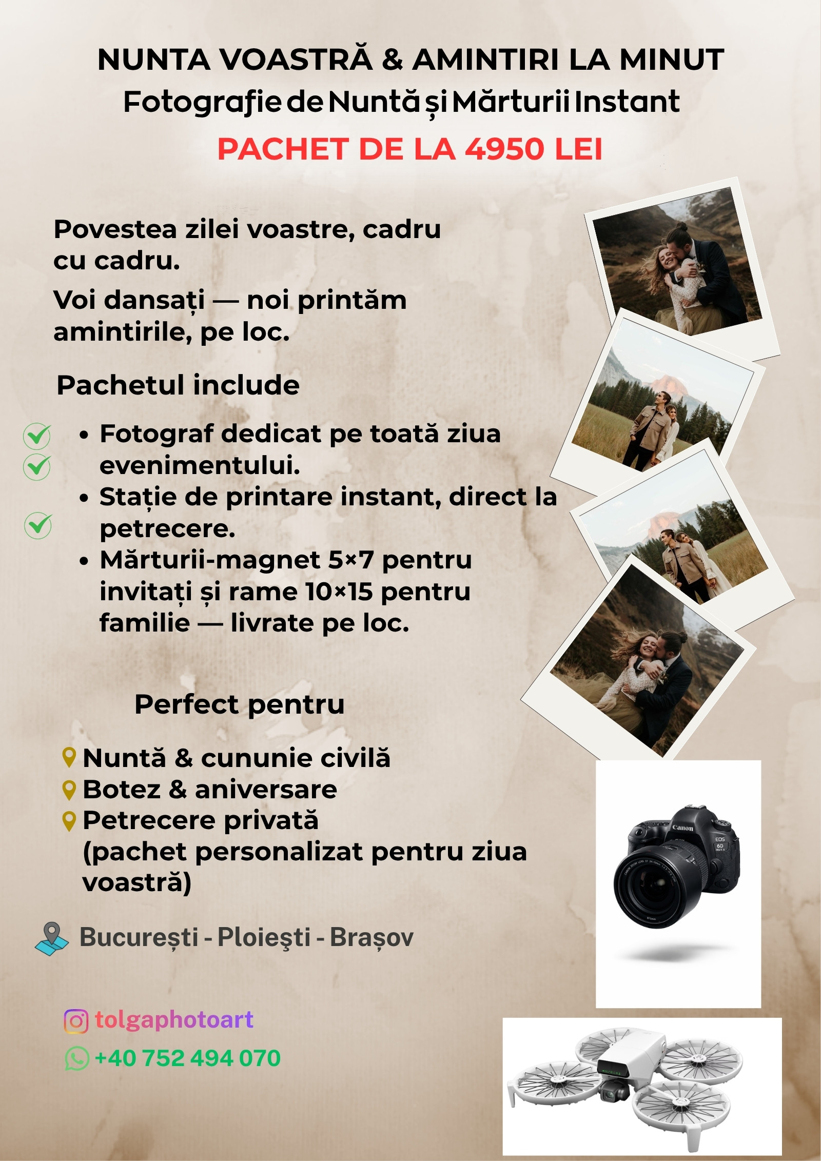 Afiș: Nunta voastră și Amintiri la Minut — fotografie de nuntă cu mărturii instant