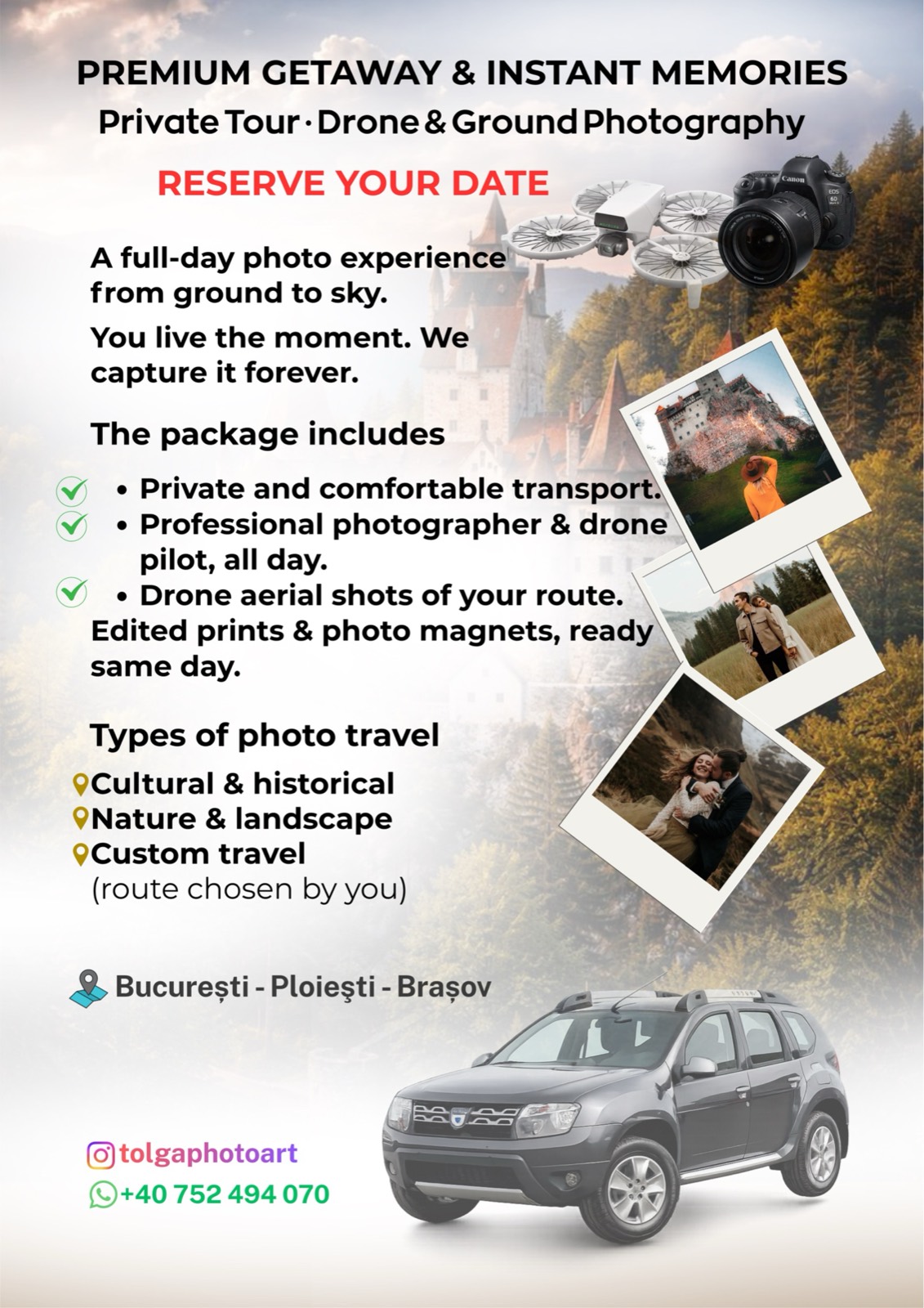 Official poster: Premium Getaway & Instant Memories — private photo tour, 1500 LEI