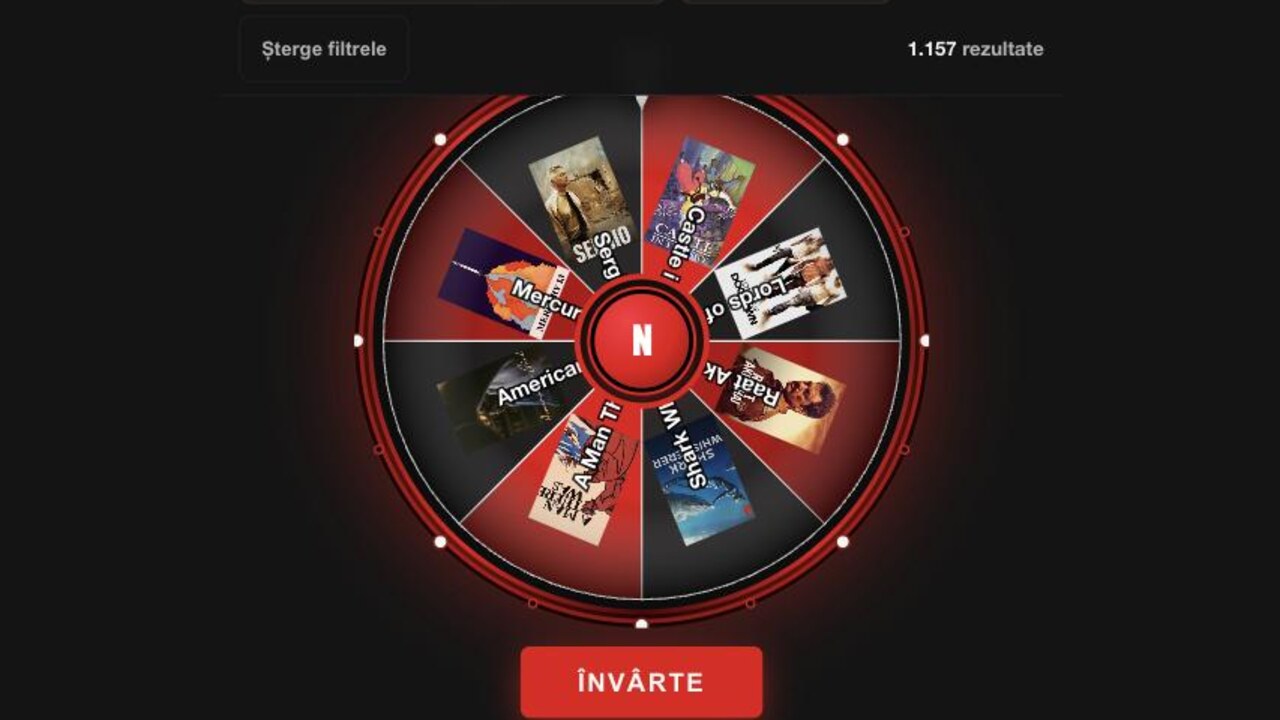 Previzualizare Netflix Roată — roata roșie cu postere de filme și filtre de căutare