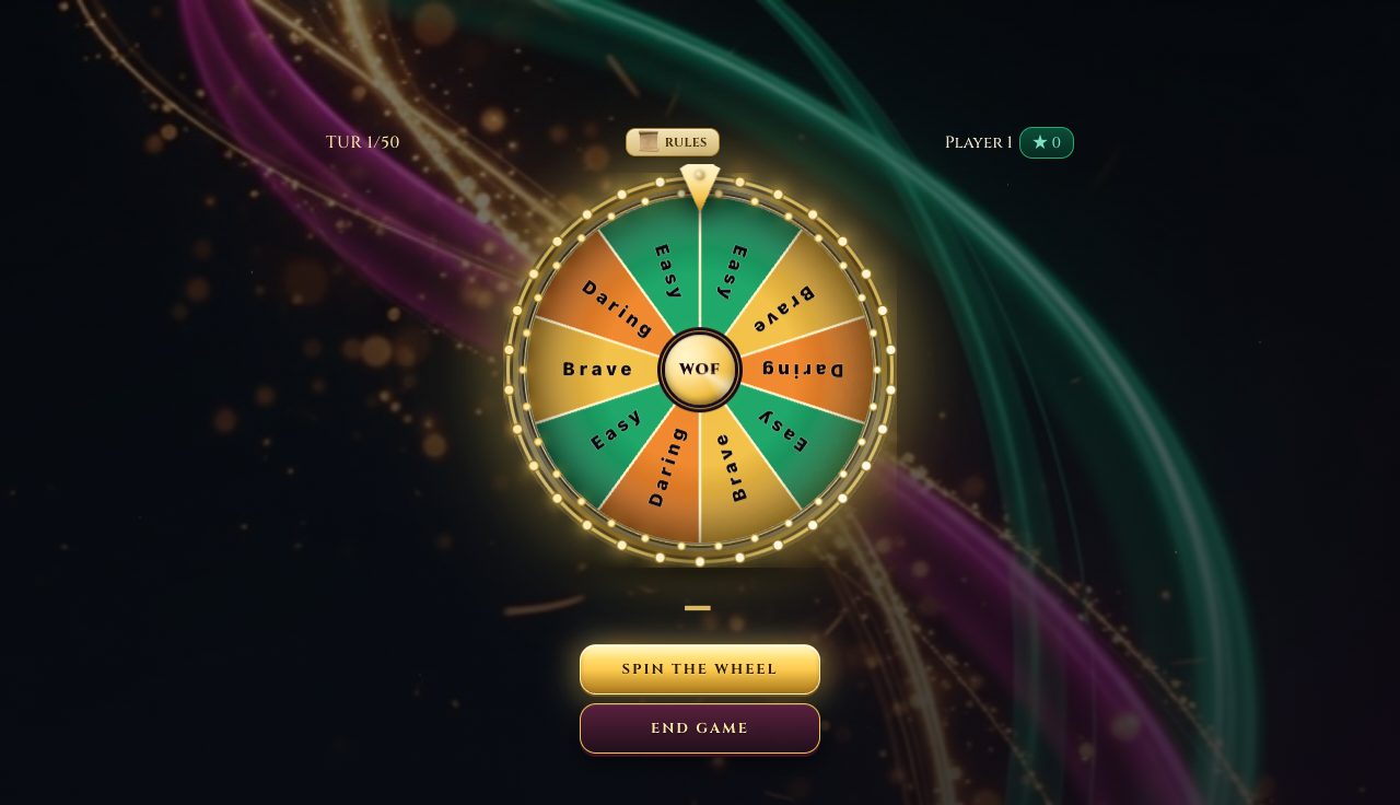 Previzualizare Wheel of Fate — ecranul de start cu spirala aurie